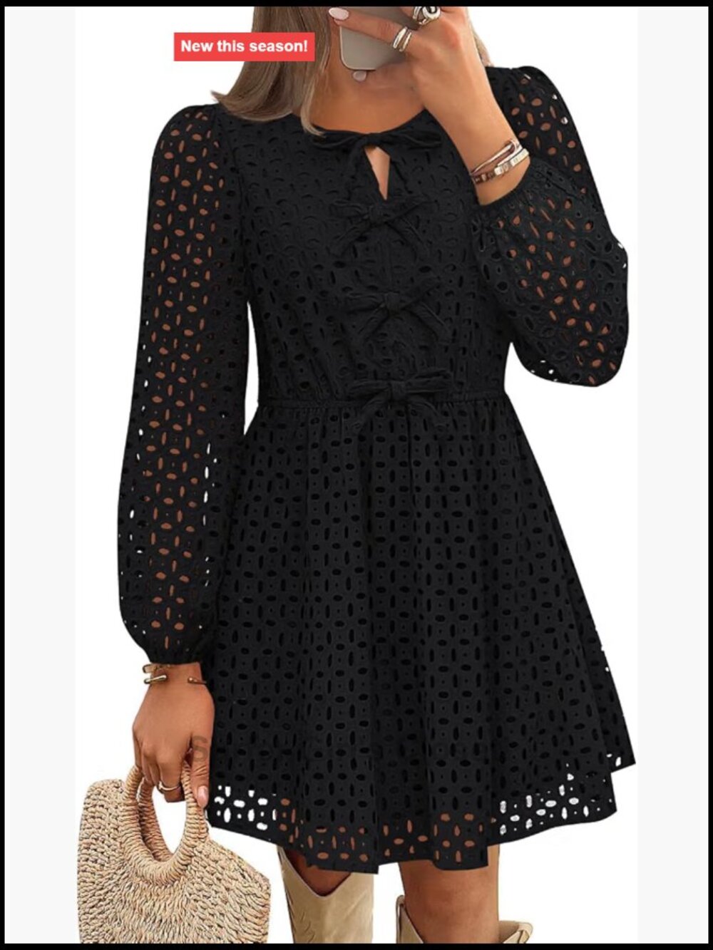 ZESICA Fall Hollow Out Long Sleeve Babydoll Mini Dress A-Line